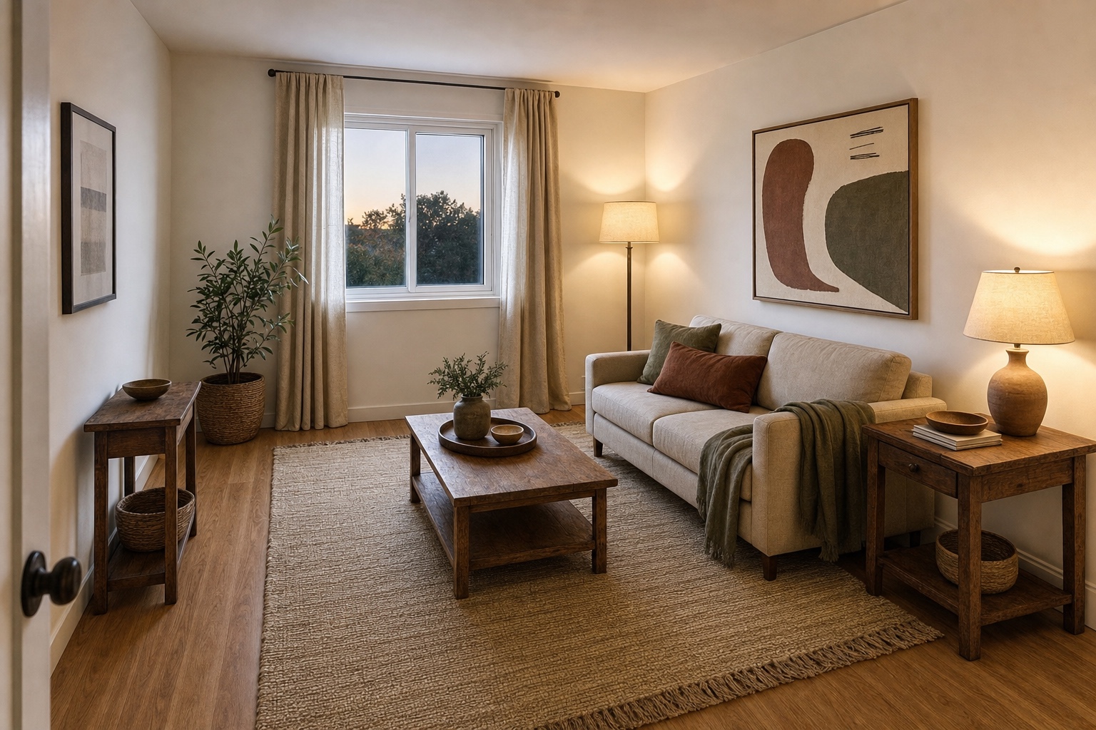 Small apartment living room with a large rug, floor-length curtains hung high and three warm lamps