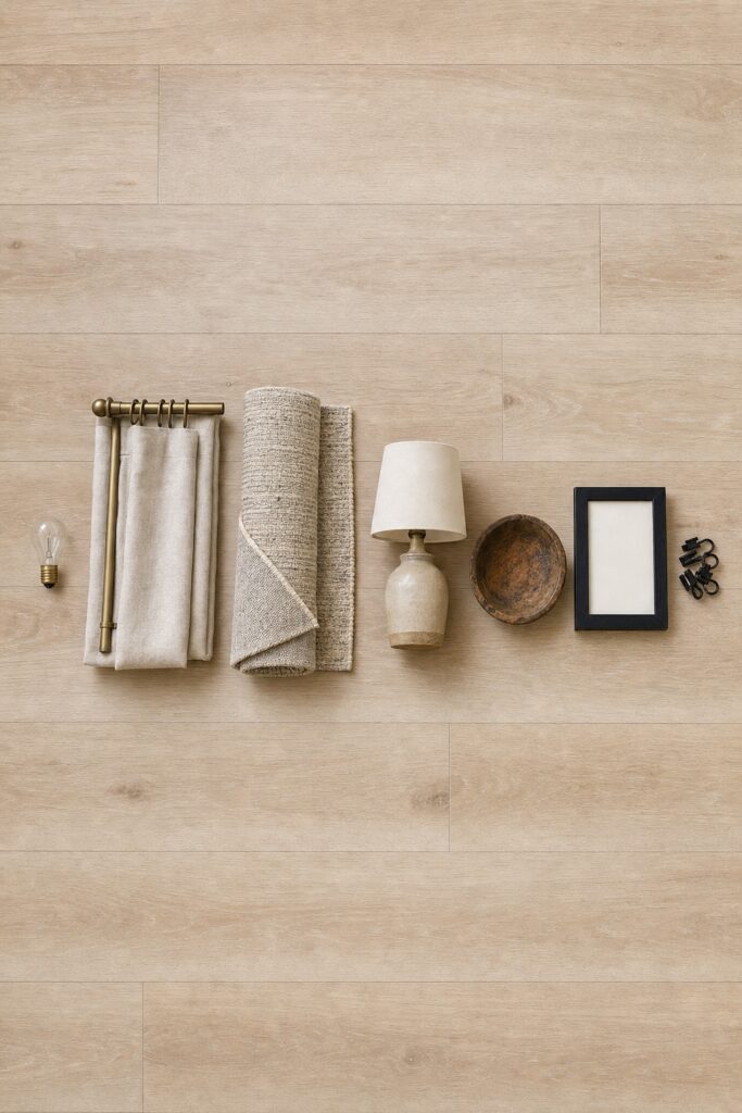 Overhead row of the first purchases in order: bulbs, a curtain rod and panel, a rug corner, a lamp, an old wooden object, a frame and cord clips