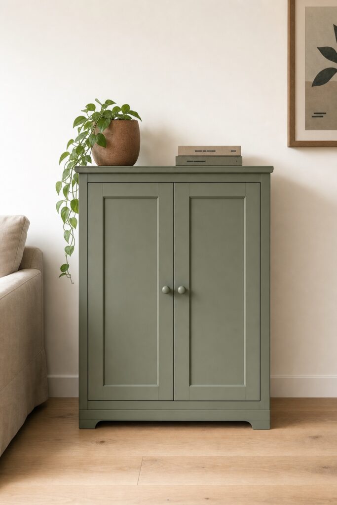 A sage-green cabinet standing closed against a living room wall, hiding a desk inside