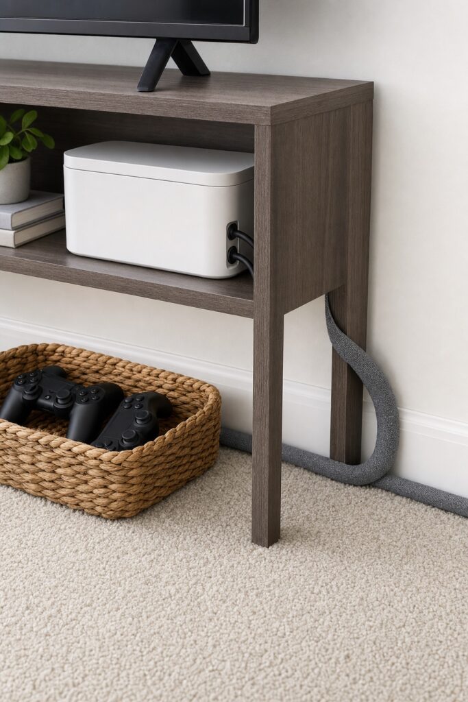 TV console corner with cords hidden in a cable box and sleeve beside a woven basket in a college apartment