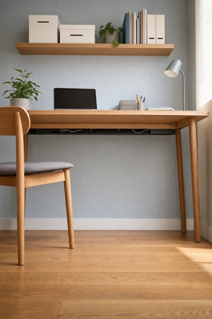 Low view of a desk showing completely clear space underneath with storage on a shelf above instead