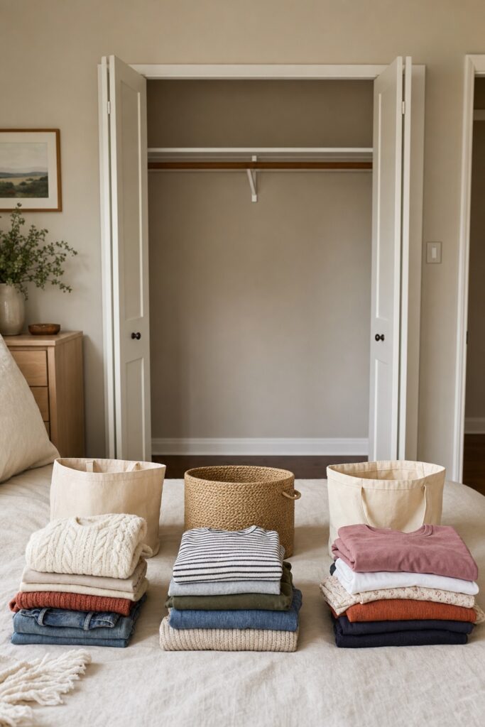 An emptied closet behind a bed holding three neat sorted groups of folded clothes beside canvas bags and a basket