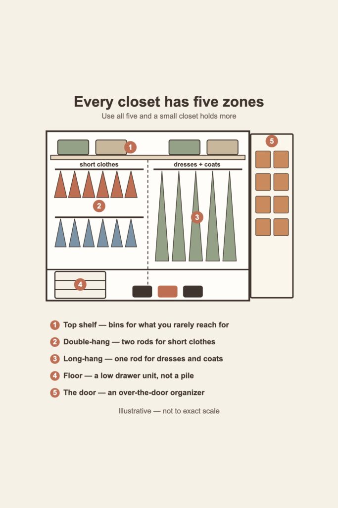 Diagram of a reach-in closet split into five zones: top shelf for bins, double-hang for short clothes, long-hang for dresses, floor for a drawer unit, and the door for an over-the-door organizer