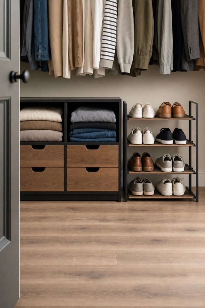 A low drawer unit and a slim shoe rack on a closet floor keeping shoes in pairs and the floor clear