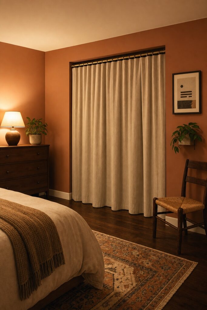 Closet office nook with its curtain drawn closed so the workspace disappears into the bedroom wall