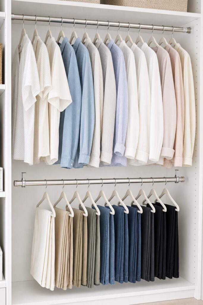 Close view of two stacked closet rods, shirts on the upper rod and folded pants on the lower rod