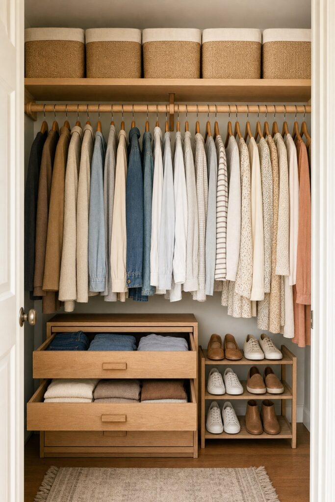 An oak reach-in closet with matching bins on the top shelf and a low three-drawer unit and shoe rack on the floor