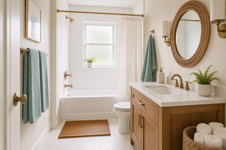 Airy coastal bathroom with warm white walls, sea-glass green towels, a rattan mirror, and a teak bath mat