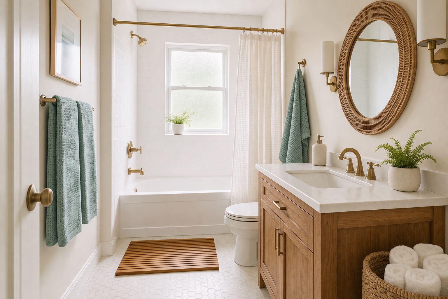 Airy coastal bathroom with warm white walls, sea-glass green towels, a rattan mirror, and a teak bath mat