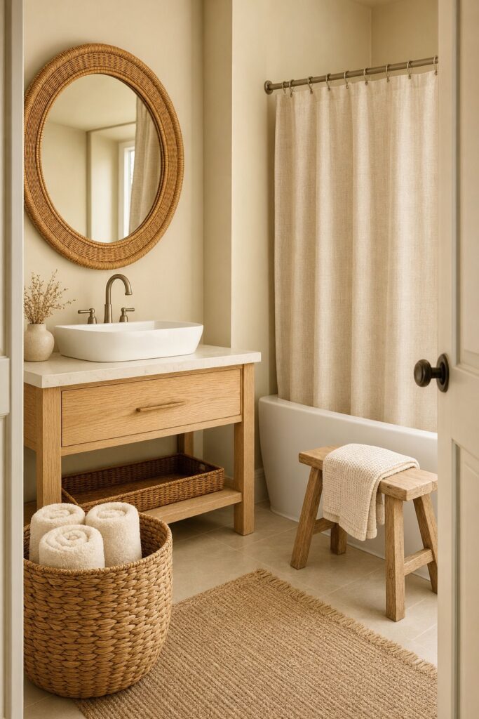 Sand-toned bathroom with a rattan mirror, woven storage basket, and pale wood stool