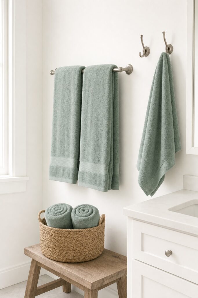 Sea-glass green towels repeated on a towel bar and rolled in a woven basket in a white bathroom