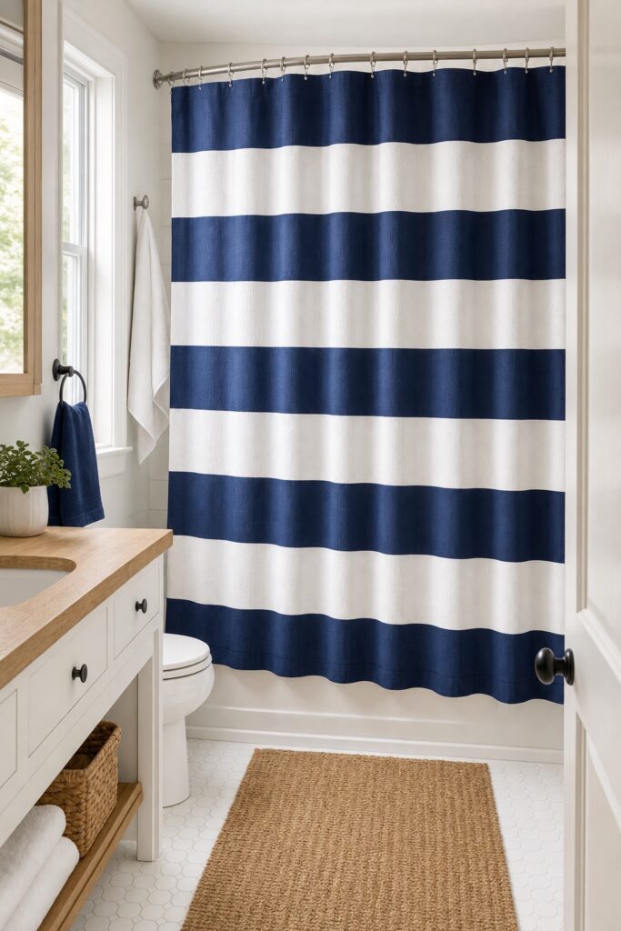 Bathroom with a wide navy and white striped shower curtain setting the coastal palette