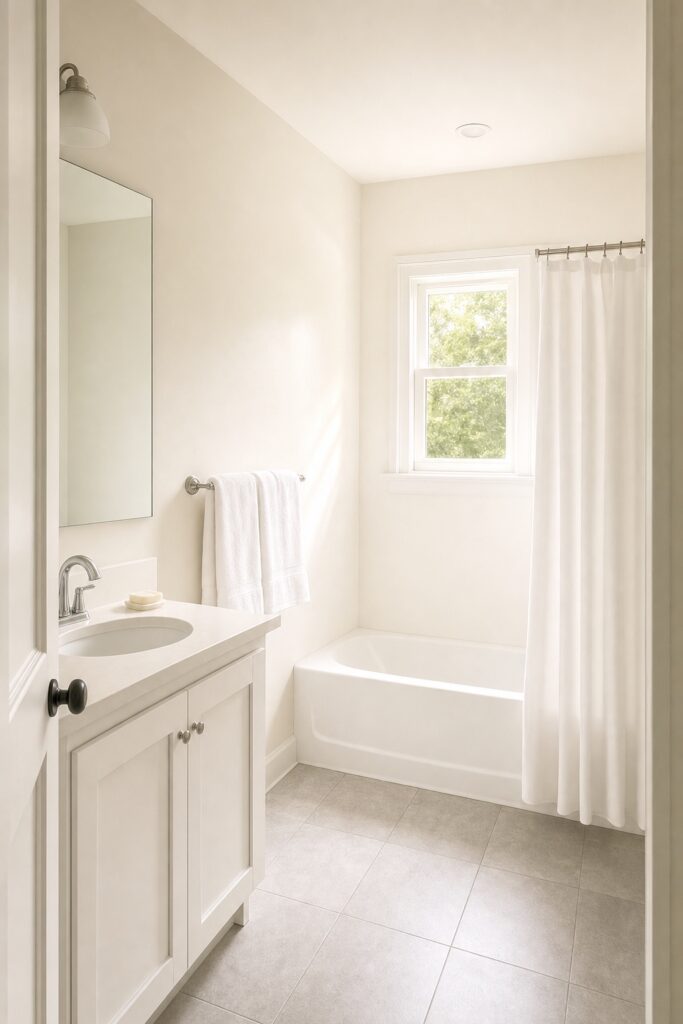 Small bathroom painted warm white with a satin sheen, white ceramic fixtures, and morning light