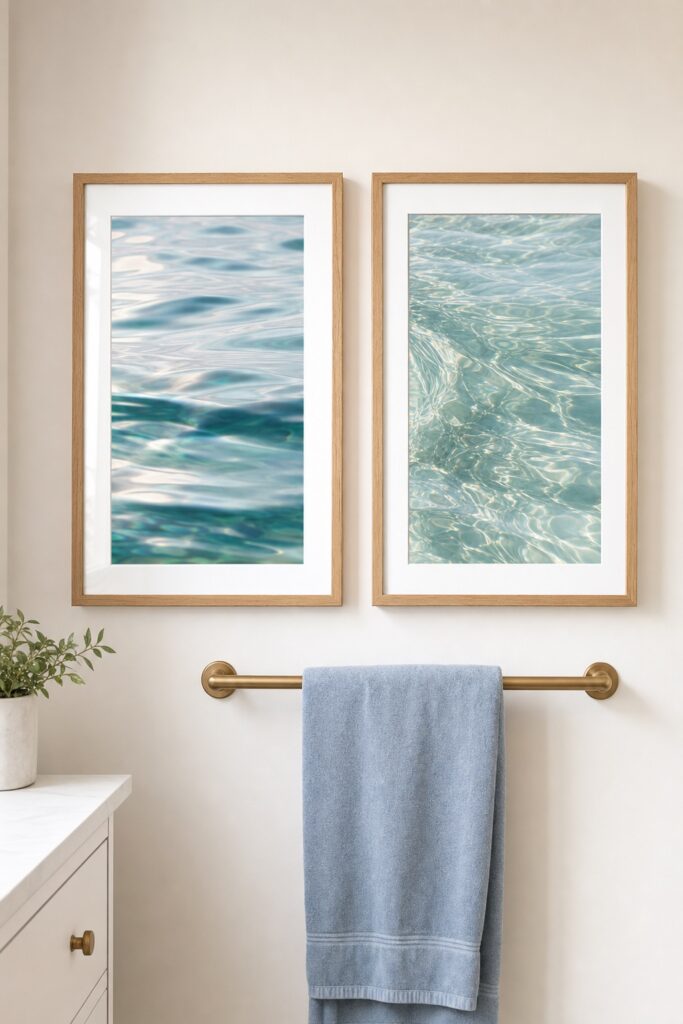 Two framed abstract ocean-water prints in thin oak frames above a bathroom towel bar