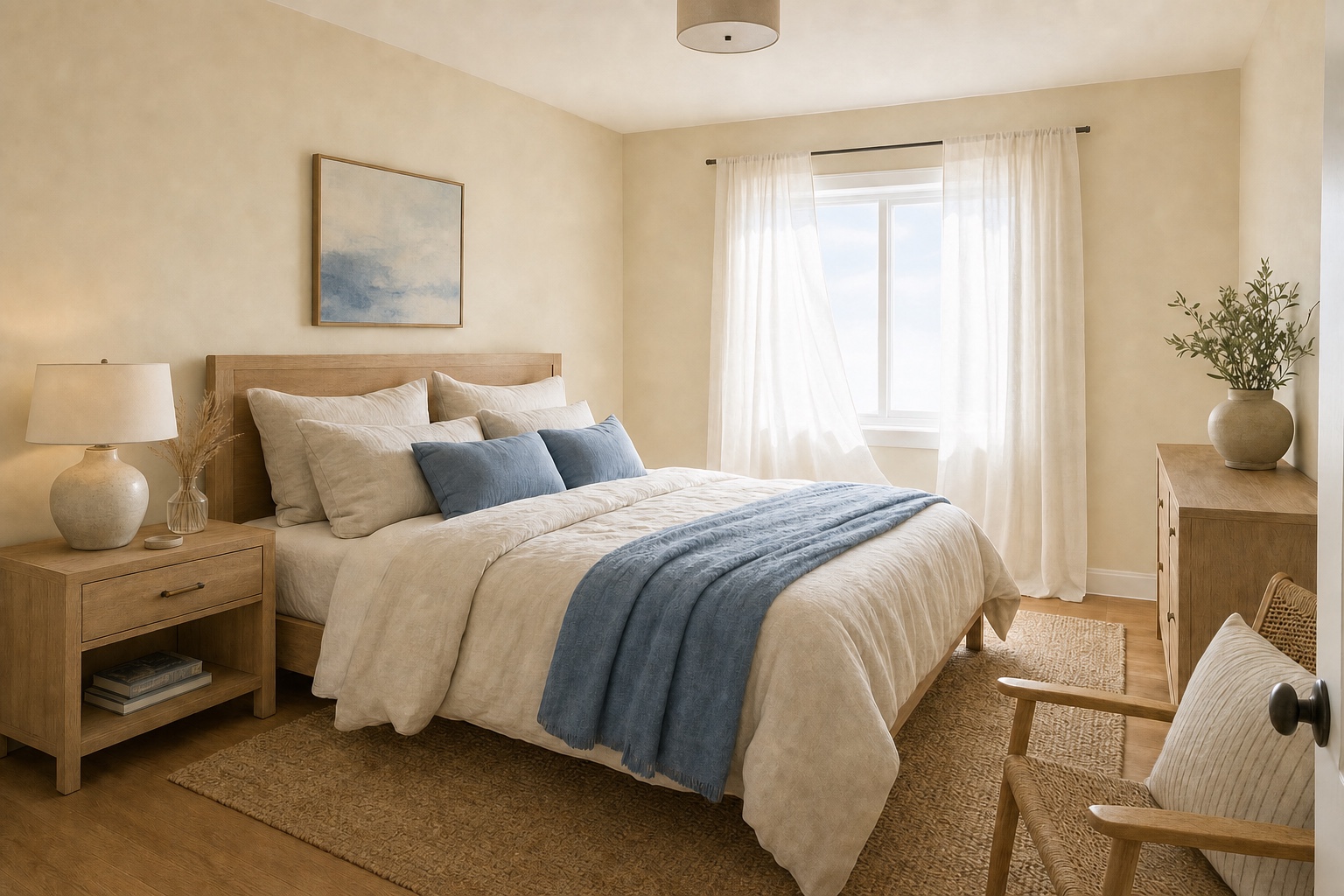 Airy coastal bedroom with warm sand-toned walls, ivory linen bedding, a soft blue throw and two blue pillows, sheer curtains, and light oak furniture.