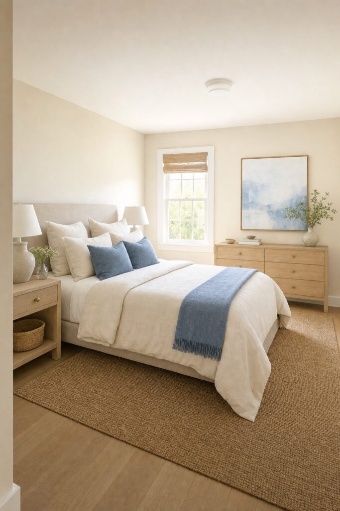 Coastal bedroom with a warm neutral base and blue in countable doses: a chambray throw across the foot of the bed, two blue pillows, and one soft blue abstract artwork above a light wood dresser.