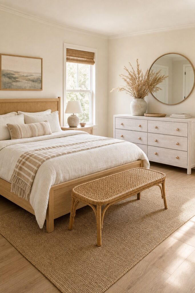 Coastal bedroom mixing driftwood wood tones: a light oak bed with a cane headboard, a whitewashed dresser under a round mirror, and a woven rattan bench on a sisal rug.