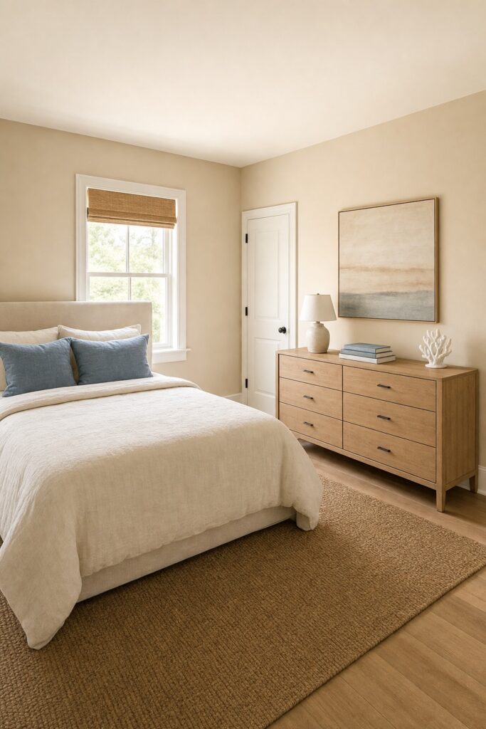 Calm coastal bedroom whose only beach reference is one white coral-shaped ceramic on the light wood dresser, with blue pillows, a sand-toned abstract artwork, and a jute rug.