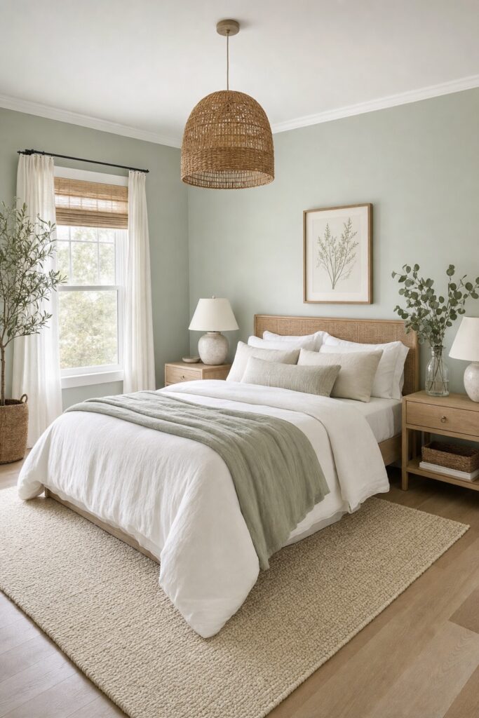Coastal bedroom with no blue: soft green-gray walls, white and ivory bedding with a sage throw, a cane headboard, a woven rattan pendant light, and pale wood nightstands.