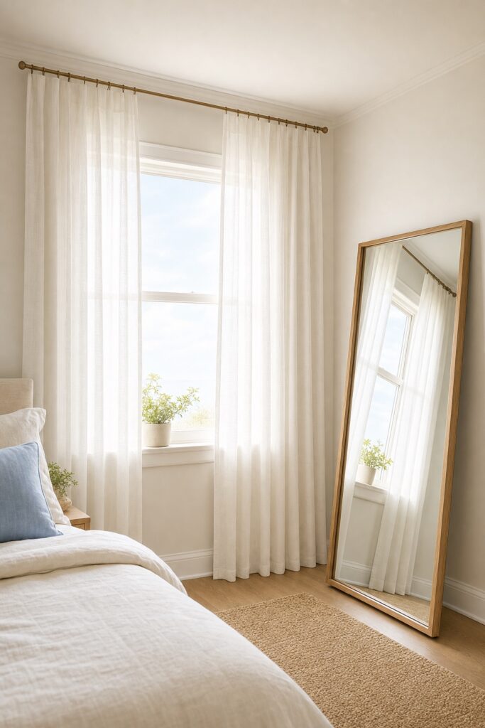 Sheer white curtains mounted high and wide over a bedroom window, with a full-length oak-framed mirror leaning on the adjacent wall and reflecting the window's daylight.