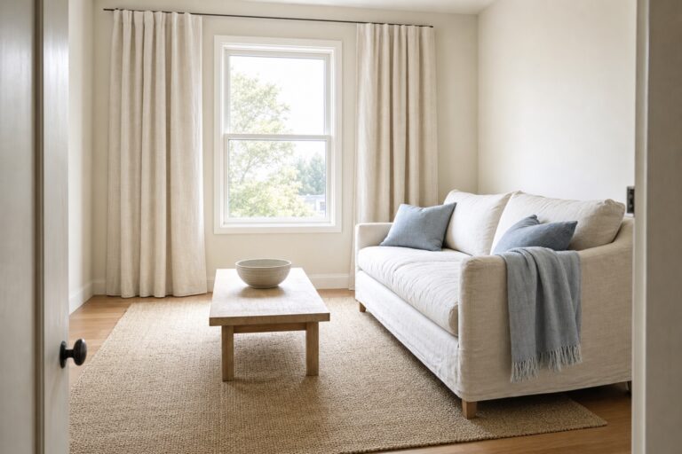 Small coastal living room with pale unlined curtains hung wide of the window, a sand-toned rug and a slipcovered sofa