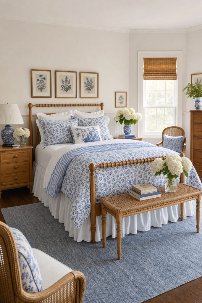 Coastal grandmother style bedroom with a spool bed, blue-and-white floral quilt and striped layers, botanical prints, a wicker bench, and white hydrangeas in vases.