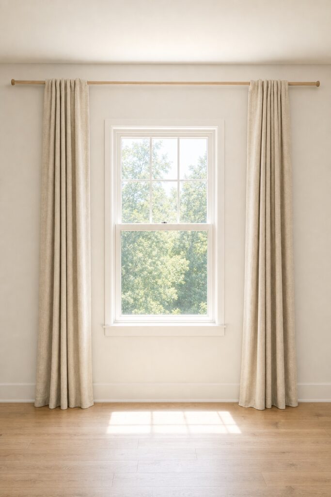 Pale linen curtain panels stacked on the wall well past the window frame leaving the glass completely uncovered
