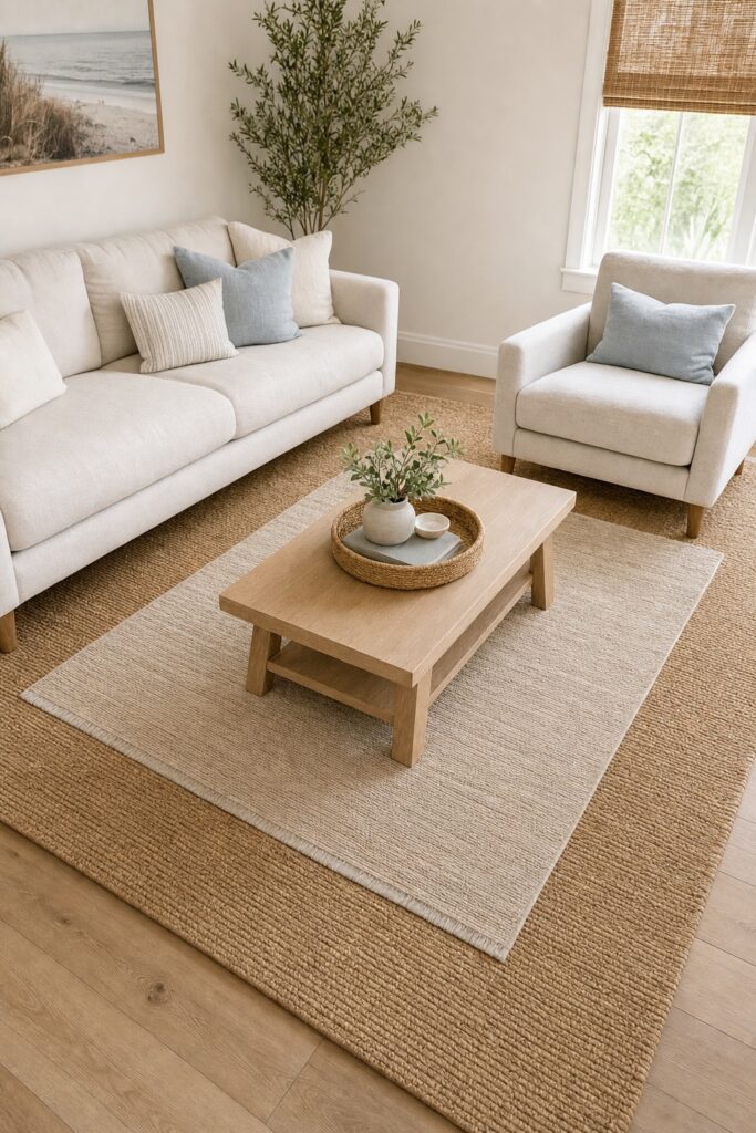 Large sand toned rug carrying the front legs of the sofa and chair with a softer smaller rug layered over it