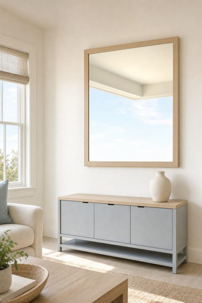 Single pale wood framed mirror hung on the wall opposite a living room window reflecting bright sky and ceiling