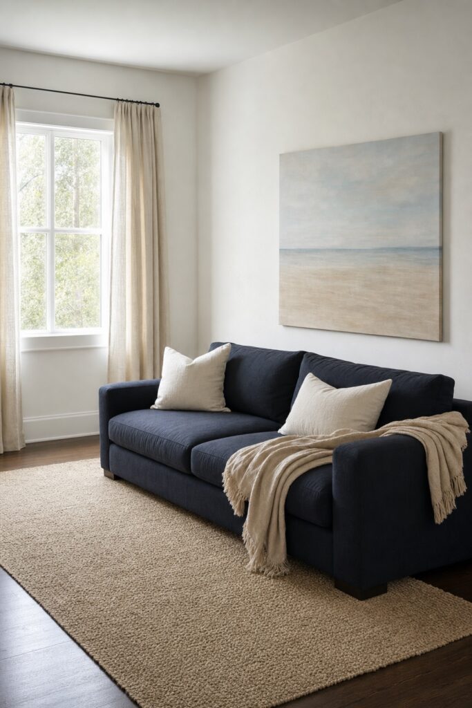 Dark existing sofa softened with a linen throw and pale cushions in a room with light curtains, a sand rug and one large canvas