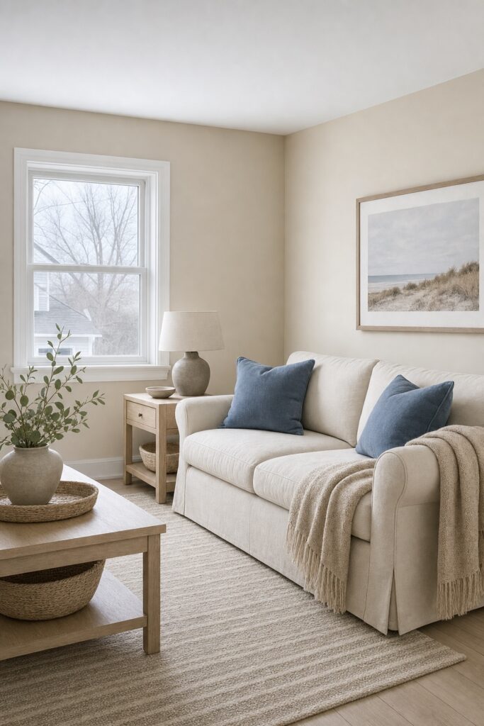Living room with cool gray north-facing daylight, warmed with oatmeal and cream furnishings and a small dose of blue