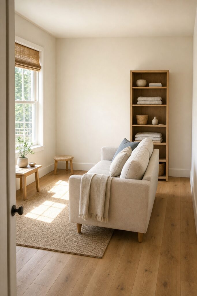 Sofa placed perpendicular to the window with low furniture near the glass and a tall bookcase on the far wall