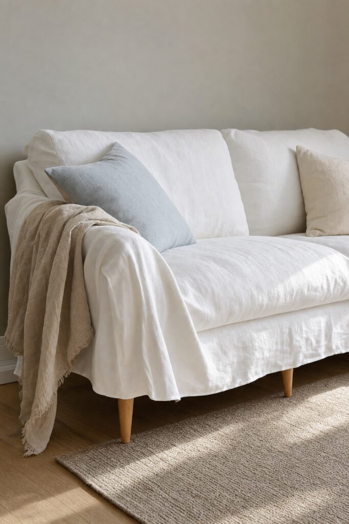 Relaxed slipcovered sofa in soft white with exposed wooden legs and a washed linen throw over one arm