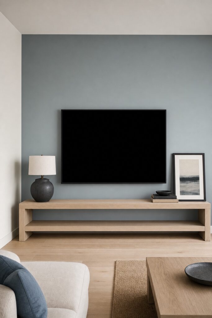 Television mounted low over a pale console against a slightly deeper painted wall with objects either side forming a horizontal band