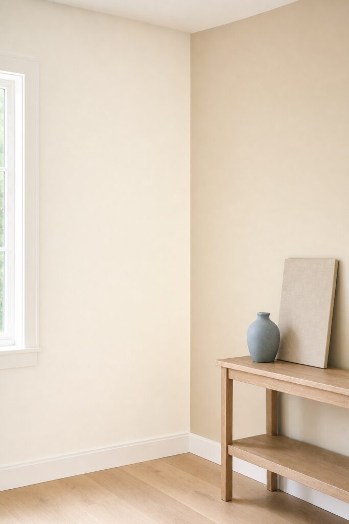 Living room corner where two adjoining walls are painted slightly different warm whites, one visibly brighter than the other