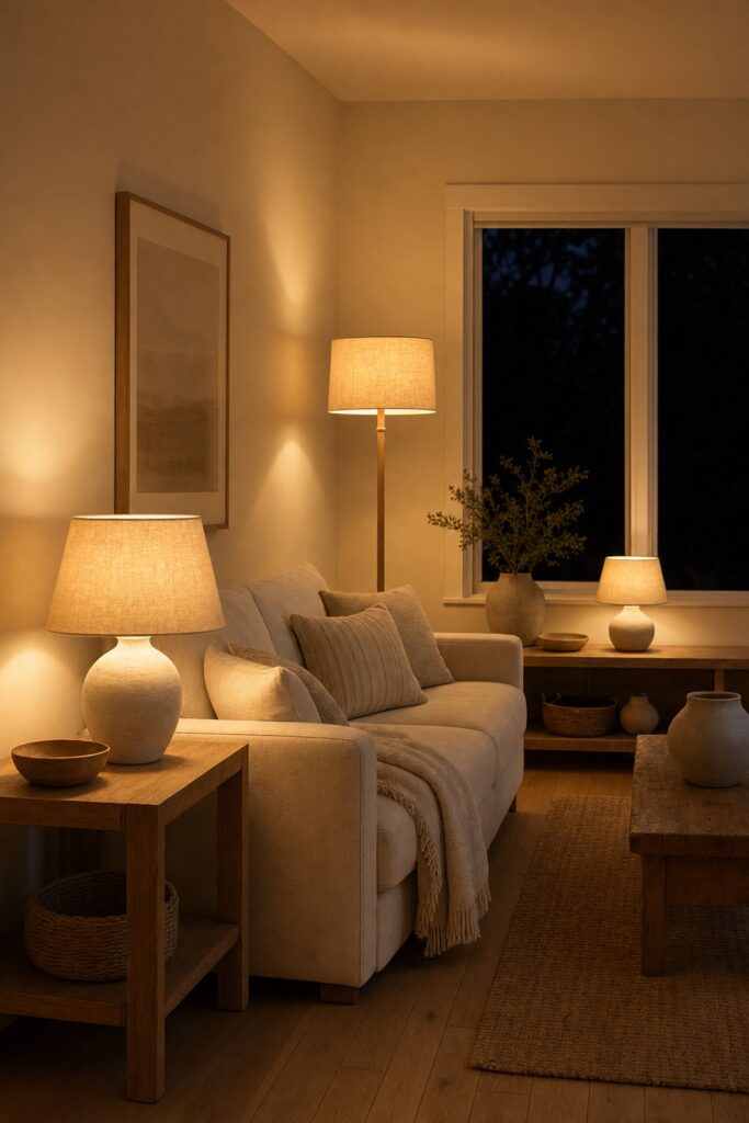 Coastal living room in the evening lit by a table lamp, a floor lamp and a low console lamp all in matching warm light