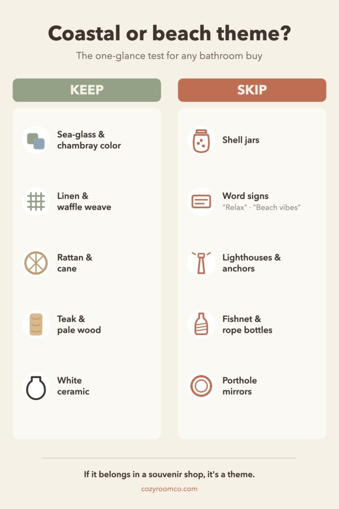 Keep-and-skip chart contrasting calm coastal choices like linen and rattan with beach-theme traps like shell jars and word signs