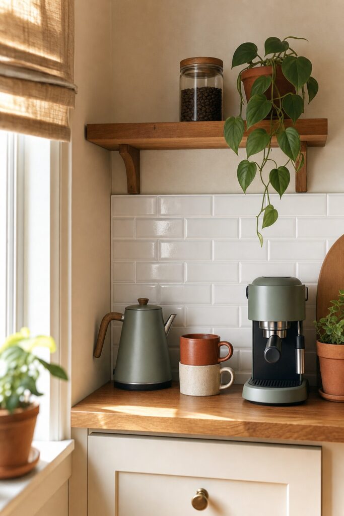 Coffee-bar corner with a white peel-and-stick backsplash, a kettle, mugs, and a small wood shelf