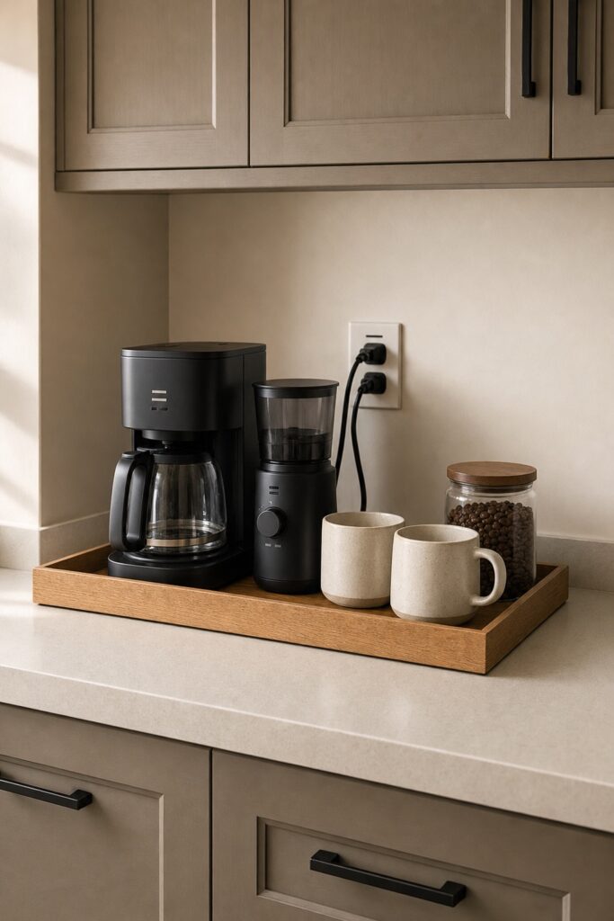 Coffee maker, grinder and two mugs grouped on one wooden tray at the end of a counter