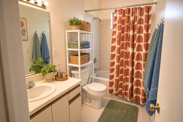 Small college apartment bathroom with a bold shower curtain, color-coded towels, and a freestanding over-toilet shelf