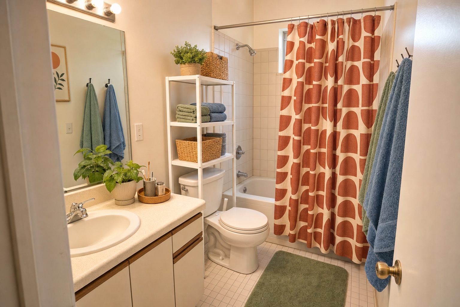 Small college apartment bathroom with a bold shower curtain, color-coded towels, and a freestanding over-toilet shelf