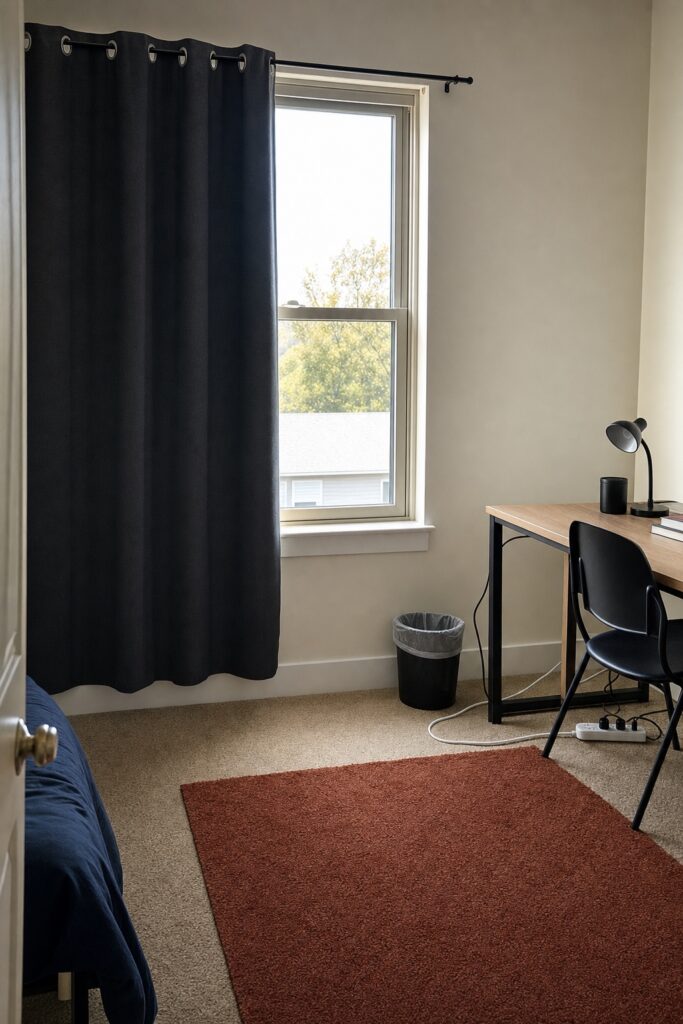 Student bedroom corner with its own trash can, blackout curtain, surge protector and small rug