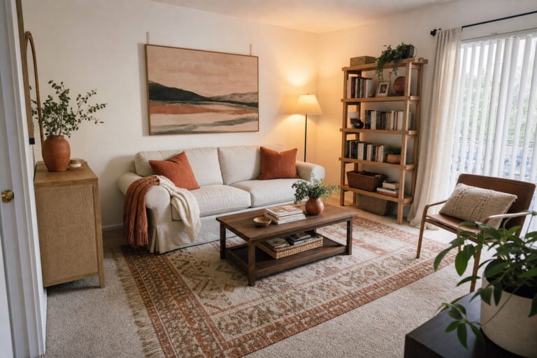 College apartment living room with white rental walls outshone by a large rug, big framed art, warm lamps, and terracotta accents