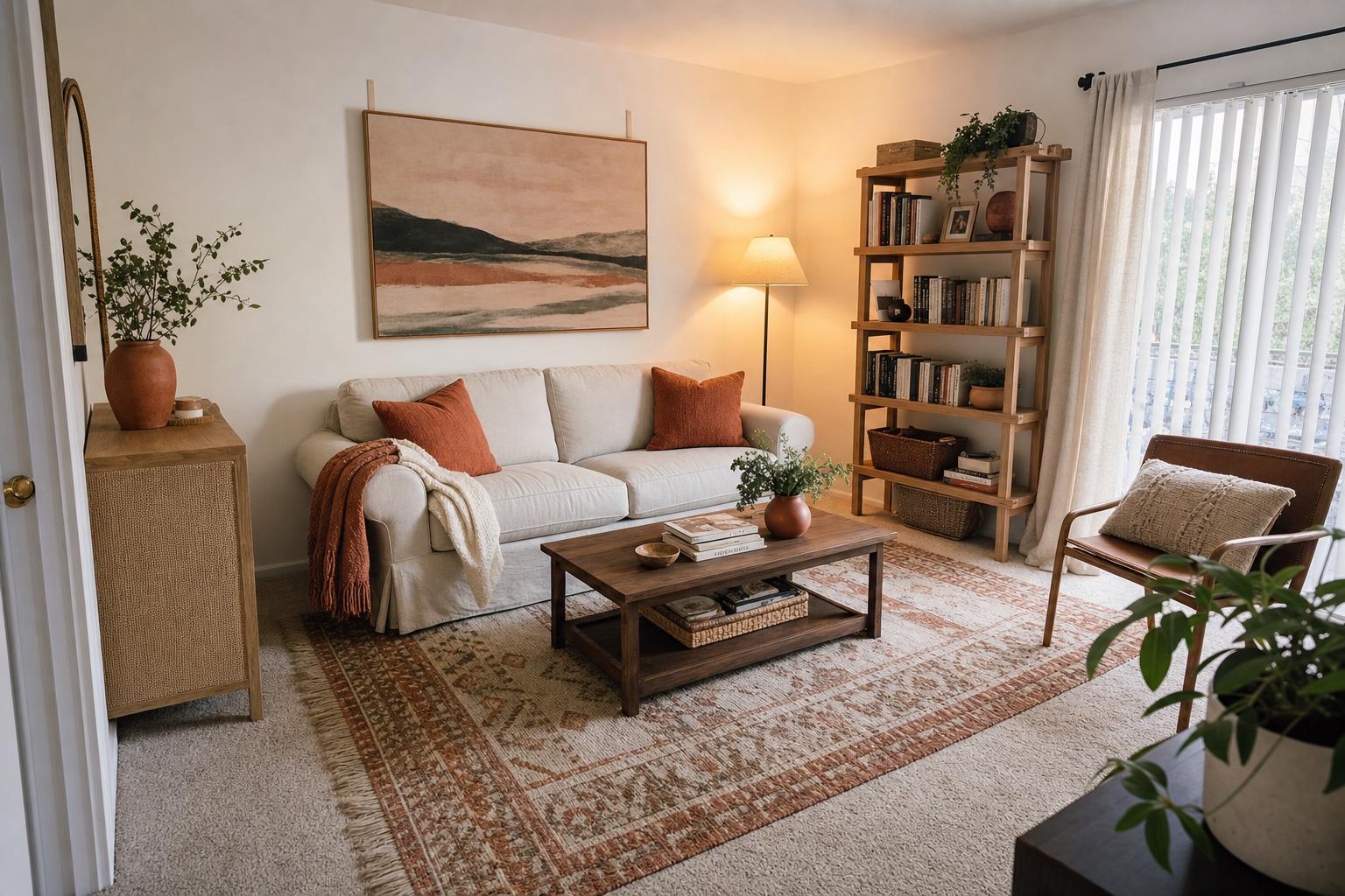 College apartment living room with white rental walls outshone by a large rug, big framed art, warm lamps, and terracotta accents