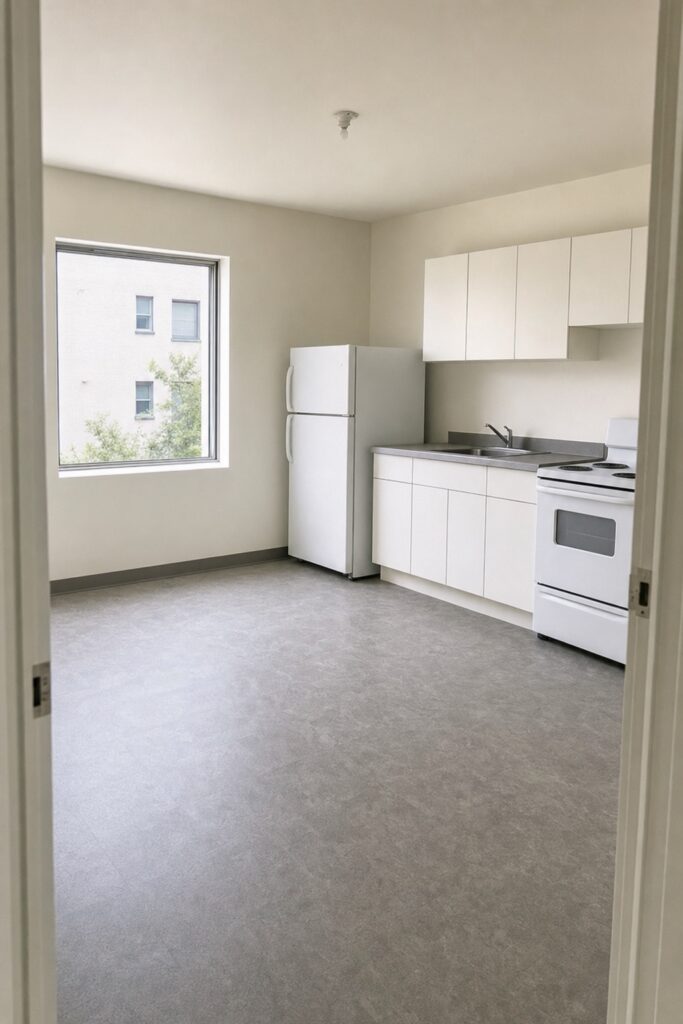 Completely empty unfurnished student apartment kitchen with only a fridge and stove, and bare windows with no blinds