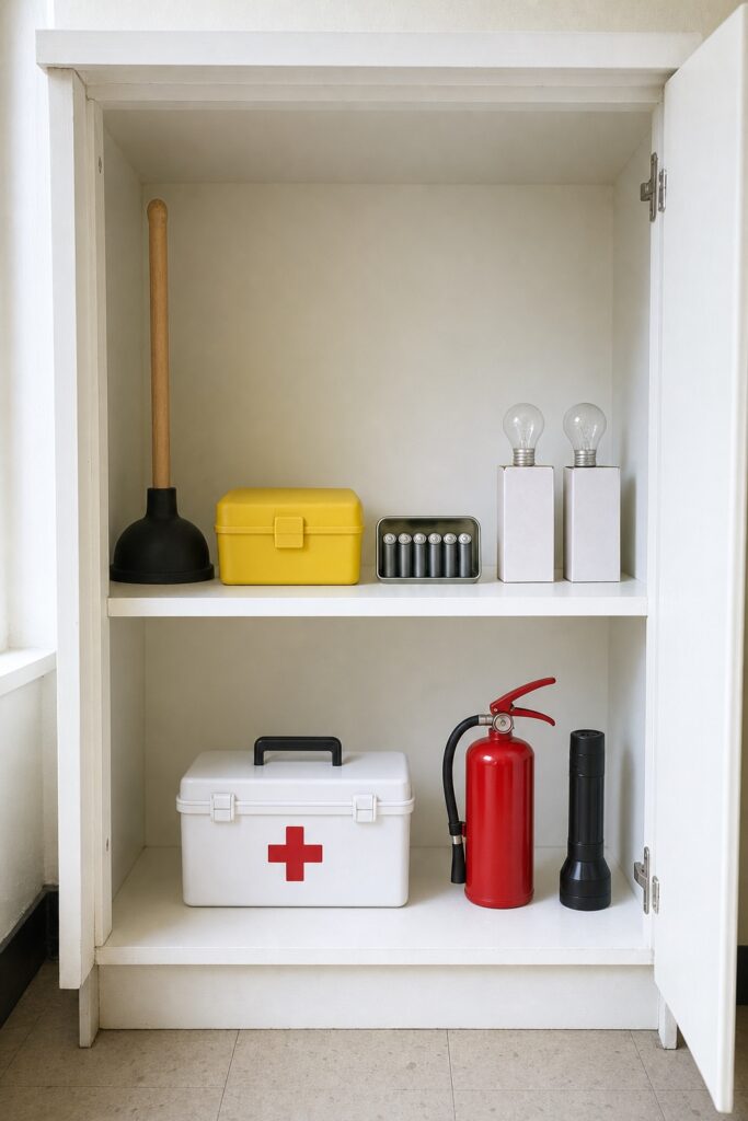 The forgotten apartment items grouped in a utility cupboard: plunger, tool kit, batteries, spare bulbs, first-aid kit, fire extinguisher and a flashlight