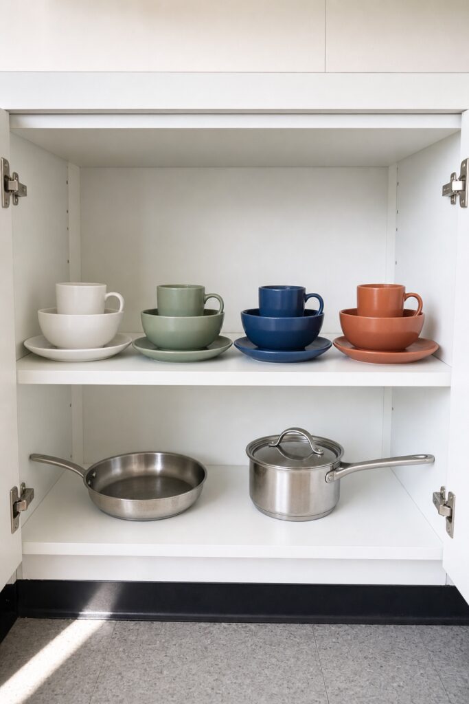 An open kitchen cupboard holding four clearly different single plate-and-mug sets beside the shared pans