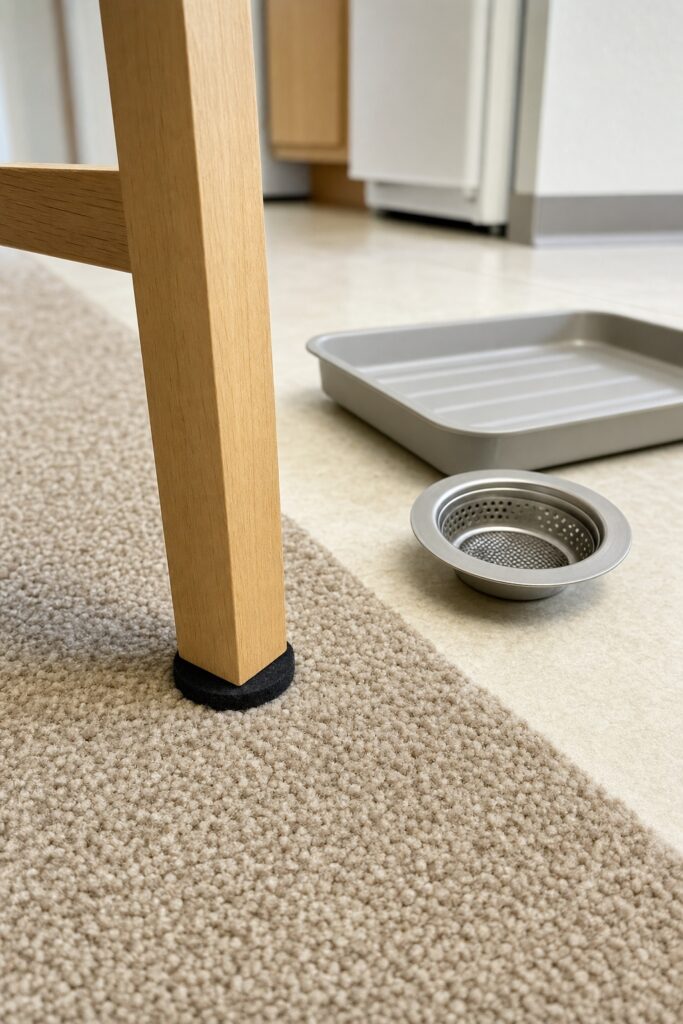 Close view of black felt pads fitted under a chair leg on rental carpet, with a drain hair catcher and an under-sink tray nearby