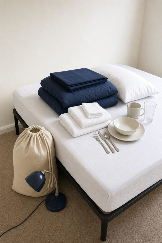 One person's personal buys stacked on a bed: folded bedding, two towels, a single plate, mug and cutlery set, and a laundry bag