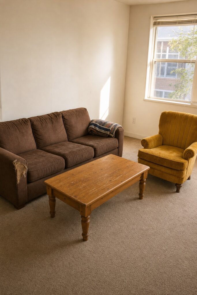 Student living room furnished with obviously mismatched second-hand pieces: a brown sofa, a mustard armchair and a pine coffee table